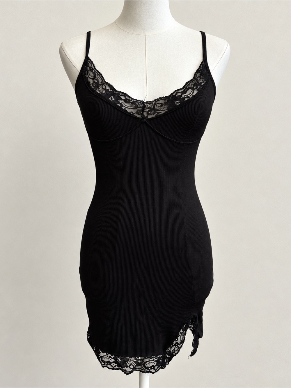 Black Lace Mini Dress Womens XS Ribbed Bodycon Y2K Going Out Party